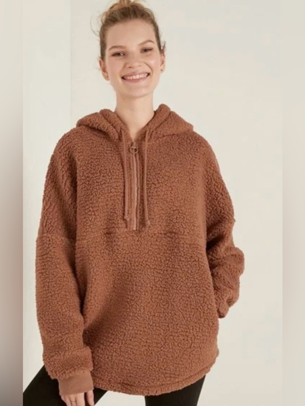 PINK VICTORIA SECRET, NWT Cozy Hooded Sherpa Pullover Sweater in Brown, Size SP